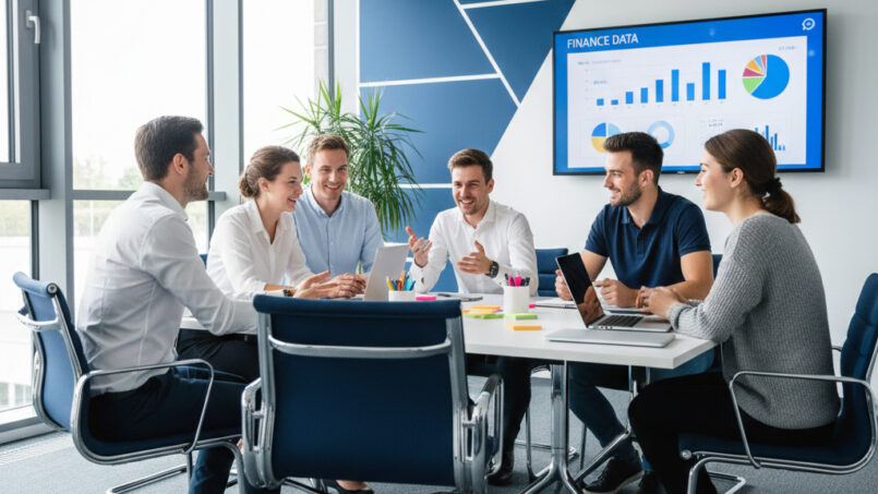 Sechs Kollegen sitzen um einen Konferenztisch, lächeln und diskutieren. Auf dem Tisch liegen Laptops, Papiere und Haftnotizen. Auf einem Bildschirm hinter ihnen werden Diagramme mit Finanzdaten angezeigt. Große Fenster erhellen den modernen Büroraum. IFF Akademie - kaufmännische Weiterbildung