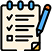An icon of a checklist on a spiral notepad with three checked boxes and one unchecked box, next to a blue pen.